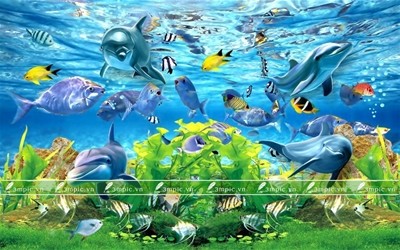 Tranh dán tường 3D phòng khách; Tranh Cá 3D; Tranh dán tường sơn thủy 3D; Tranh dán tường 3D; tranh dán tường 3d đẹp; Bán file tranh cung cấp file tranh; 3mpic.vn