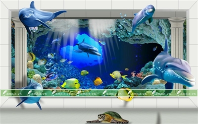 Tranh dán tường 3D phòng khách; Tranh Cá 3D; Tranh dán tường sơn thủy 3D; Tranh dán tường 3D; tranh dán tường 3d đẹp; Bán file tranh cung cấp file tranh; 3mpic.vn